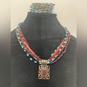 Turquoise and Coral color beaded necklace and bangle bracelets